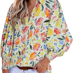 Astylish Women Loose V-Neck Shirts Paisley Print Lantern Sleeve Blouse Tops